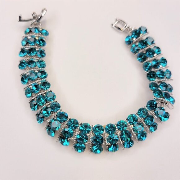 Blue Crystal Rhinestones Triple Row Bracelet - Picture 1 of 16